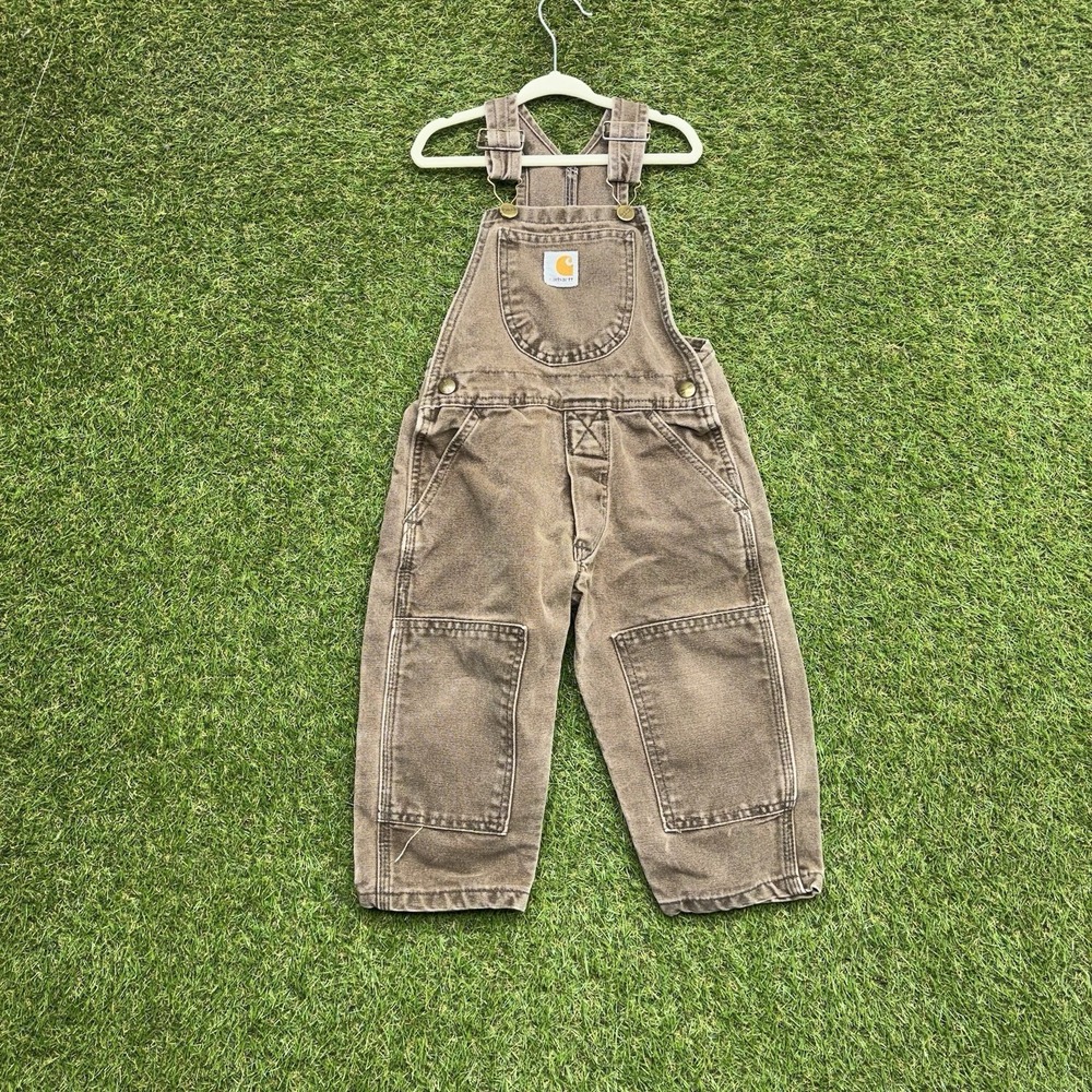Vintage Carhartt Overalls Kids Toddler Size 2T Dark Brown 90s Canvas Bibs BU482